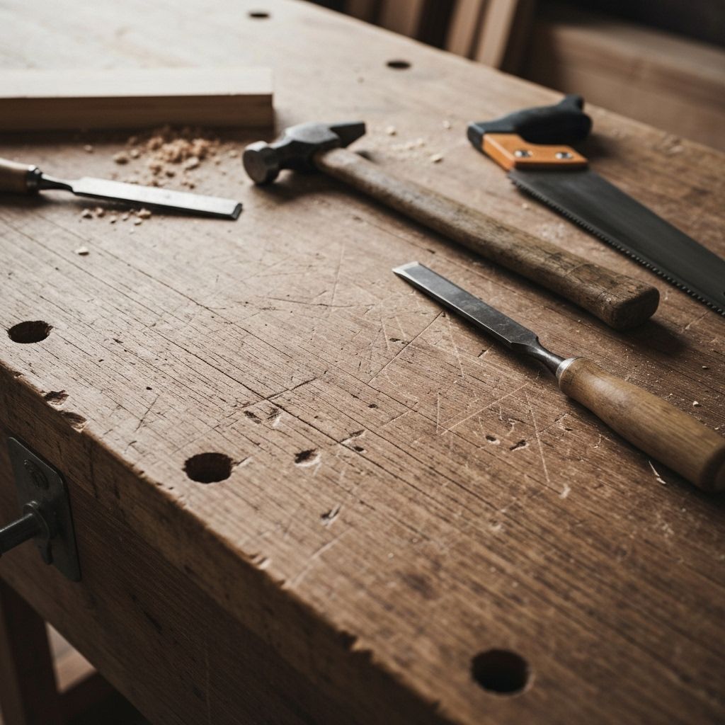 Établi de menuisier avec outils et bois